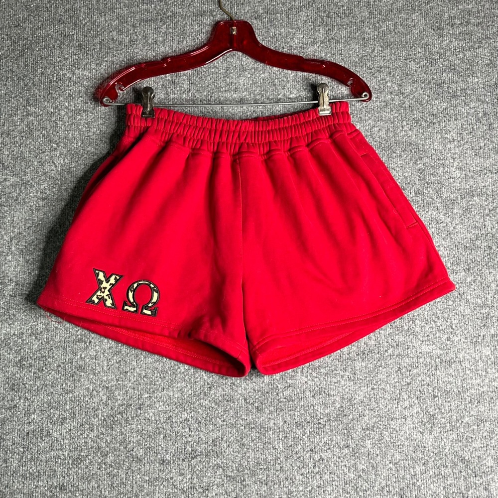 Mitch Flippo MFG Chi Omega Red Sweat Shorts Leopard Greek Letters Womens Medium